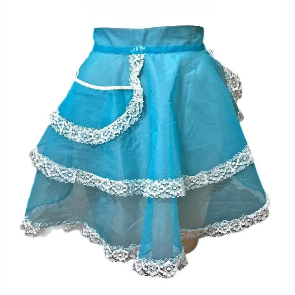 Vintage French Maid Organdy Half Apron Blue Ruffled Layered Hostess Sheer